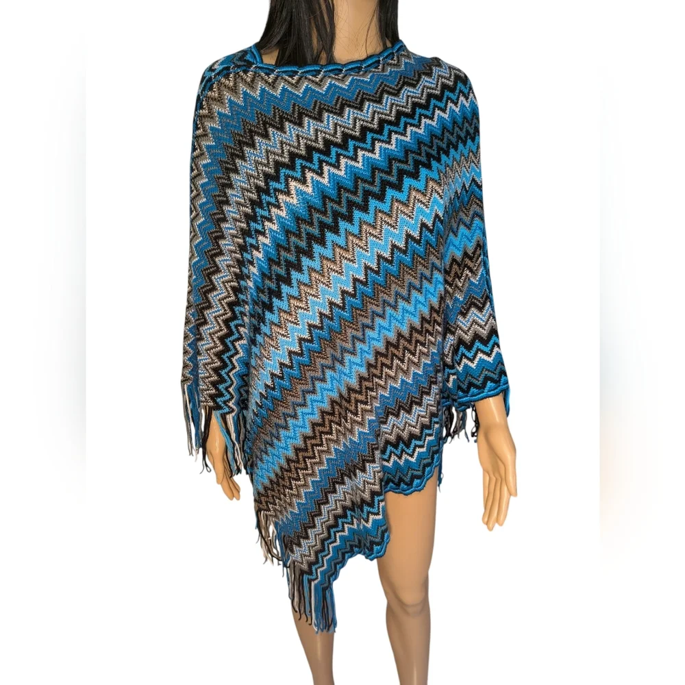 Loose Knit Poncho Sweater Turquoise & Black With Fringes